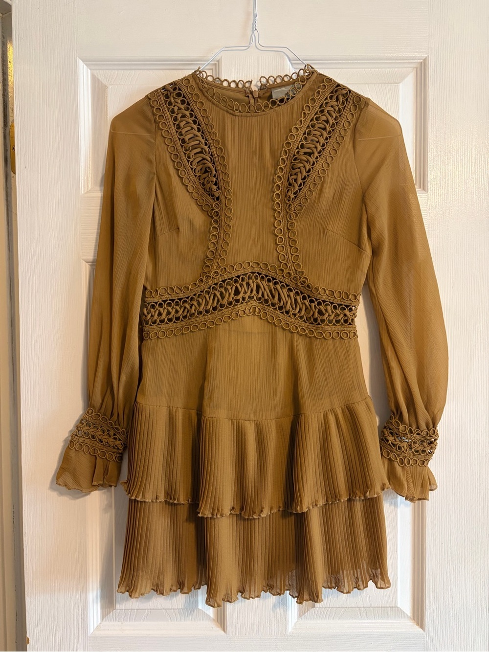 ASOS DESIGN Lace Insert Ruffle Mini Dress Carmel Brown Size 4 Pleated Tiered